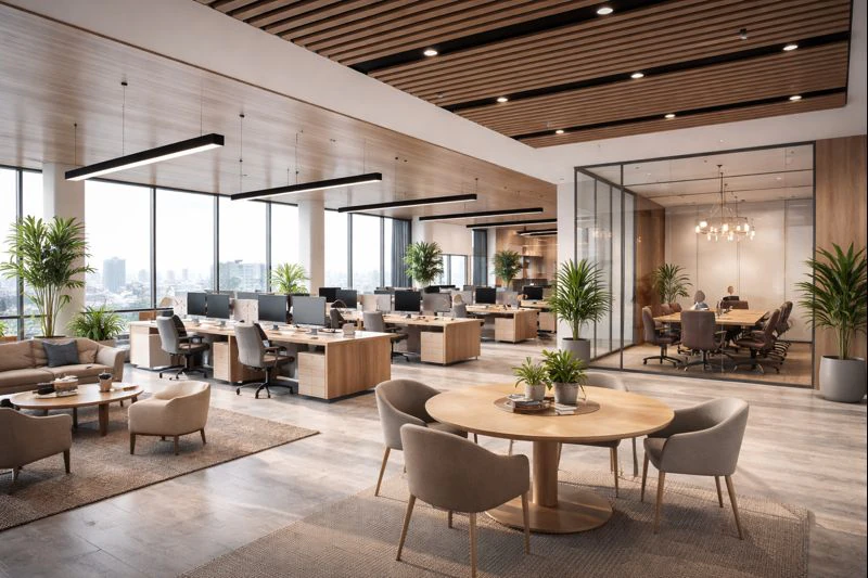 Modern office lounge showcasing commercial interior design for collaborative teams