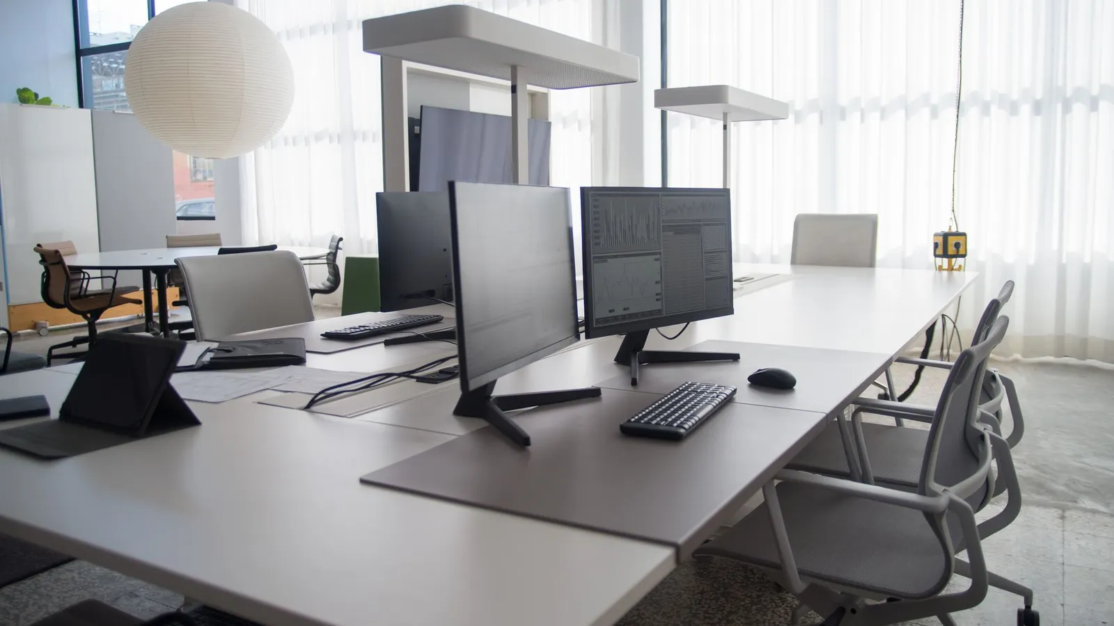 Bright shared office desks with paired monitors and mesh chairs beside sheer-curtained windows