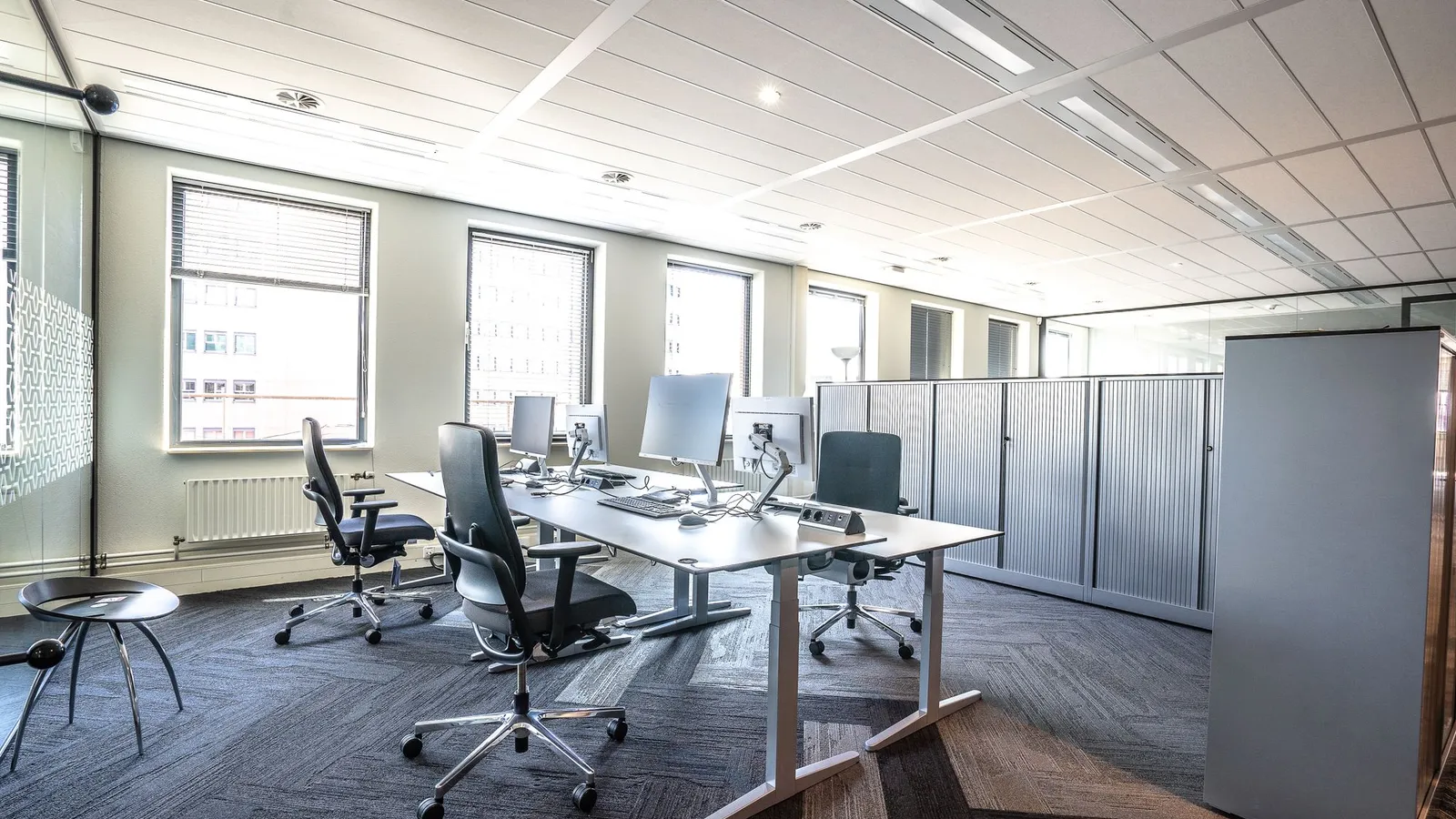 Bright office with tall windows, a shared desk with monitors and a suspended ceiling