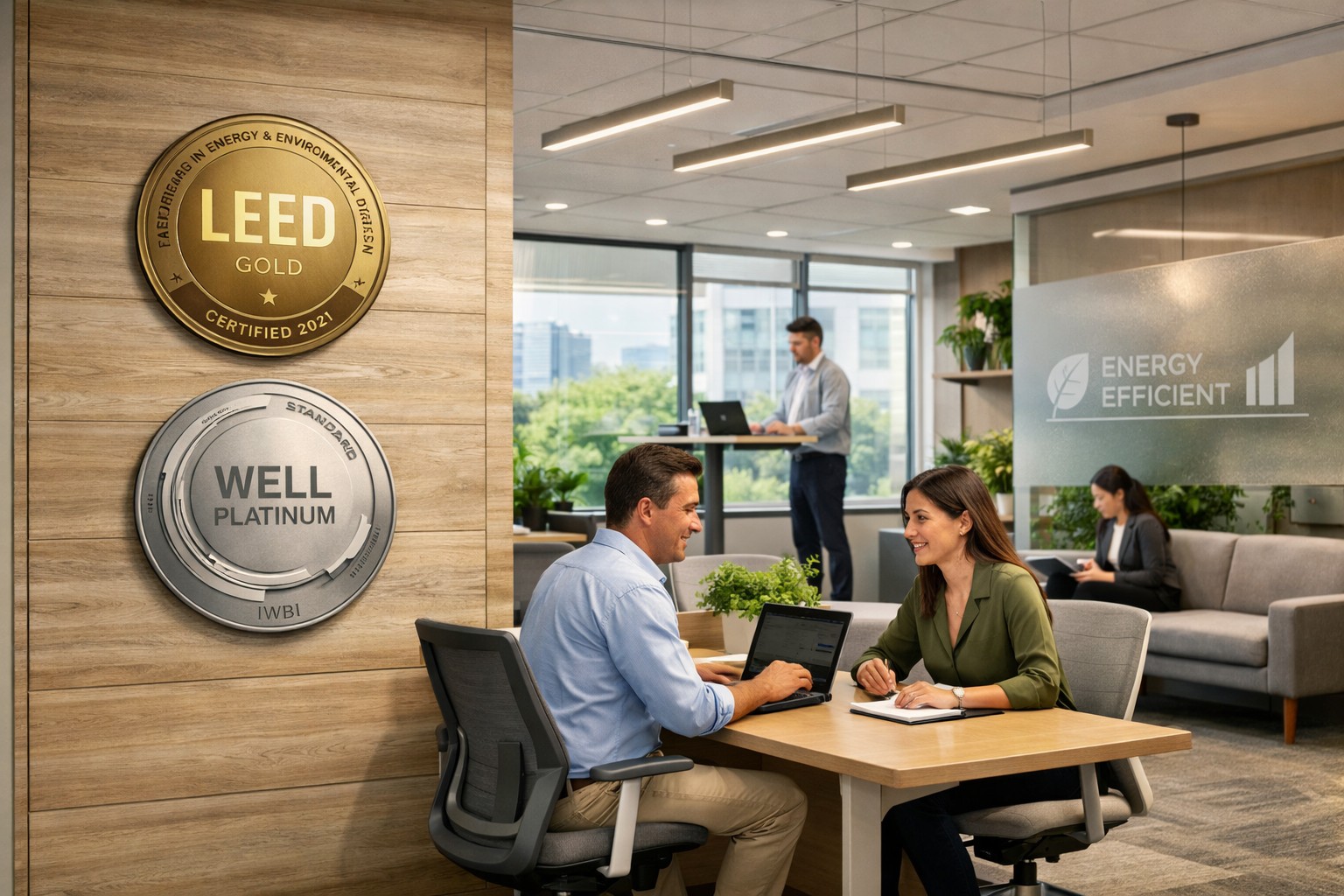 Sustainable green office interior with biophilic design elements and natural lighting