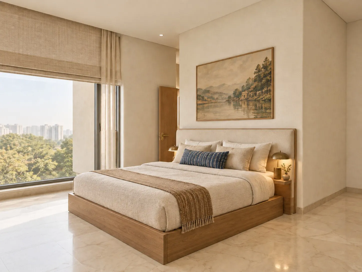 The same bedroom in a contemporary Indian palette with a timber bed frame and landscape art