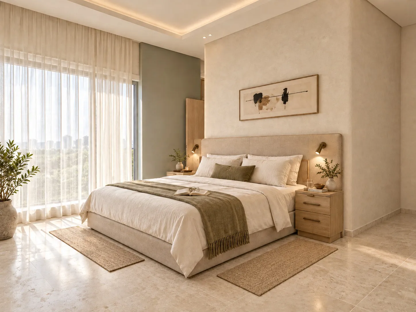 Principal bedroom in a soft modern palette with an upholstered headboard and reading lights