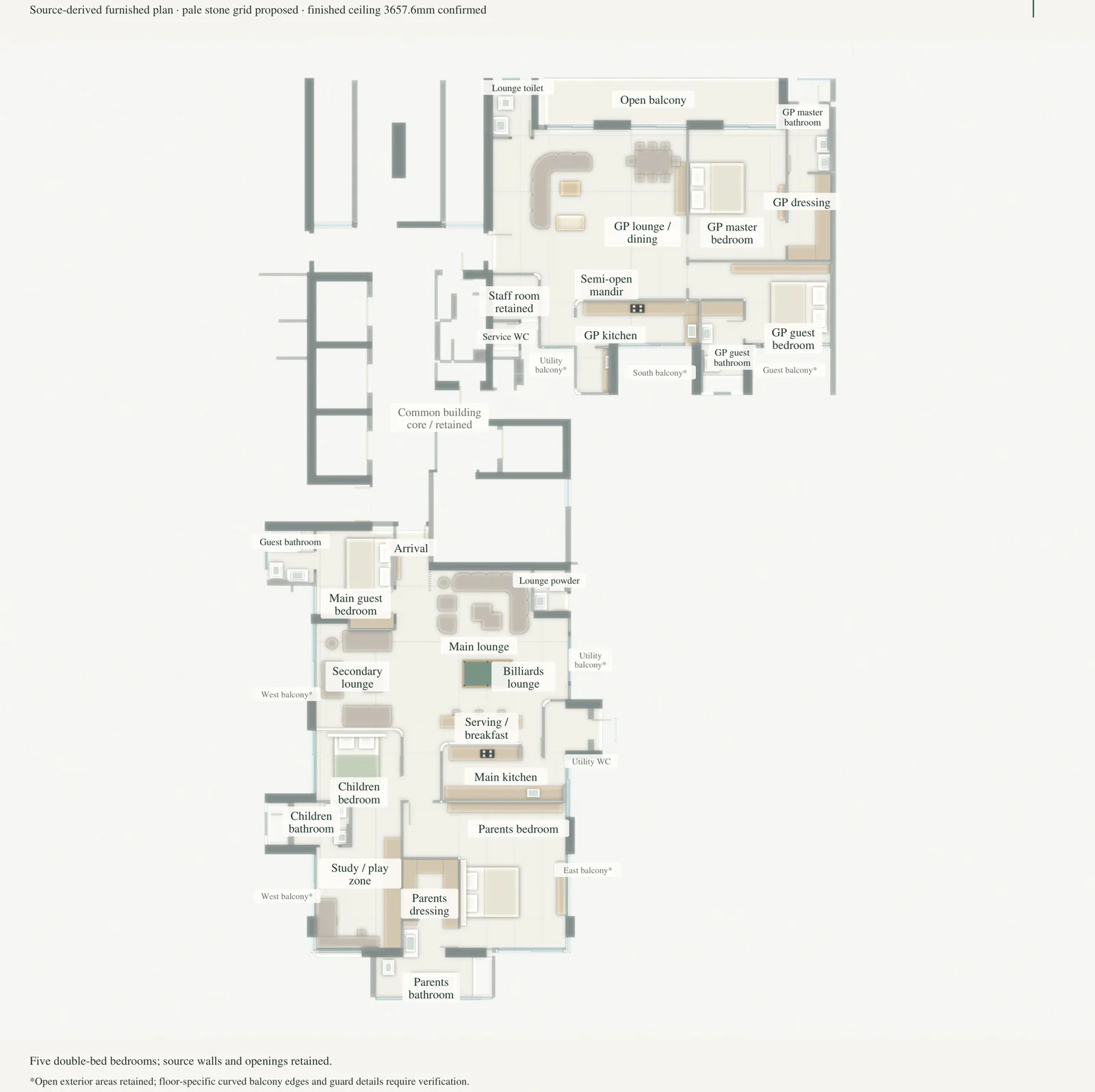 Furnished floor plan of two family homes sharing one floor, with rooms labelled