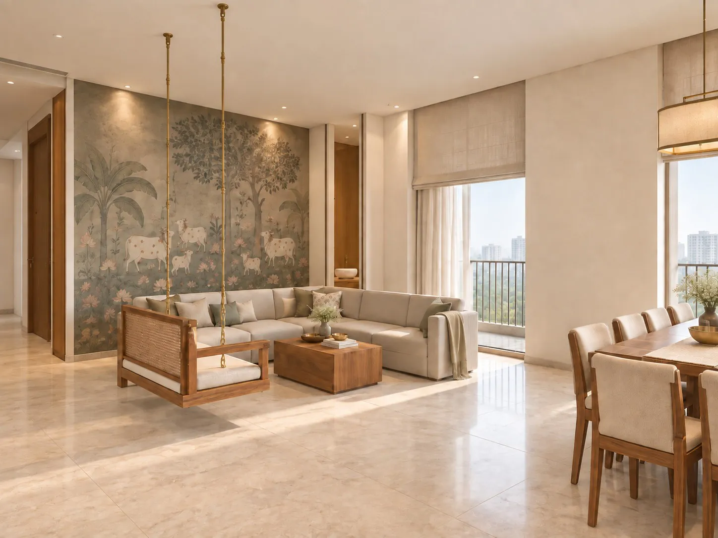Second lounge and dining room with a painted mural wall and a suspended jhoola