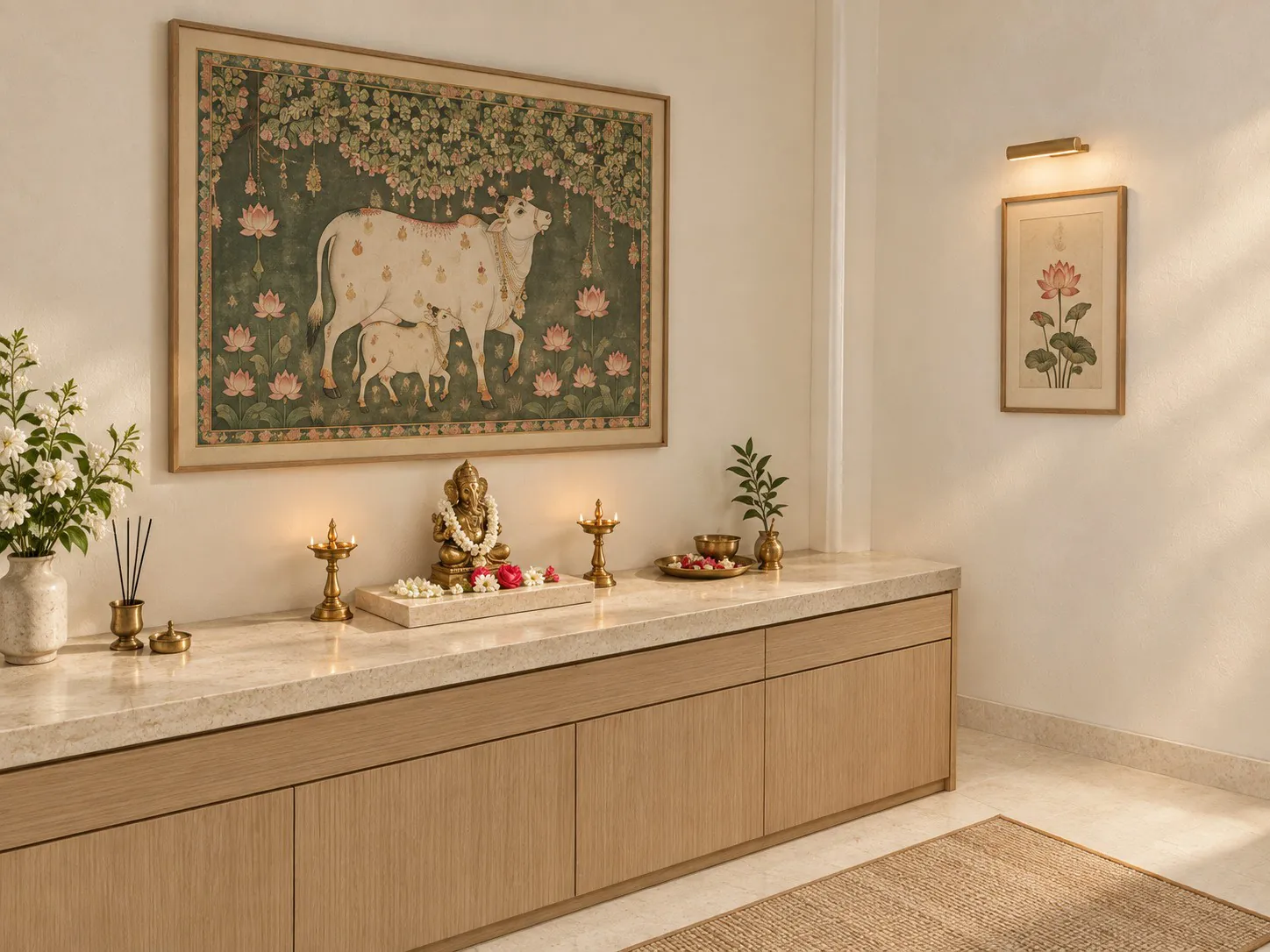 Mandir niche with a stone counter, brass lamps and a framed pichwai artwork above