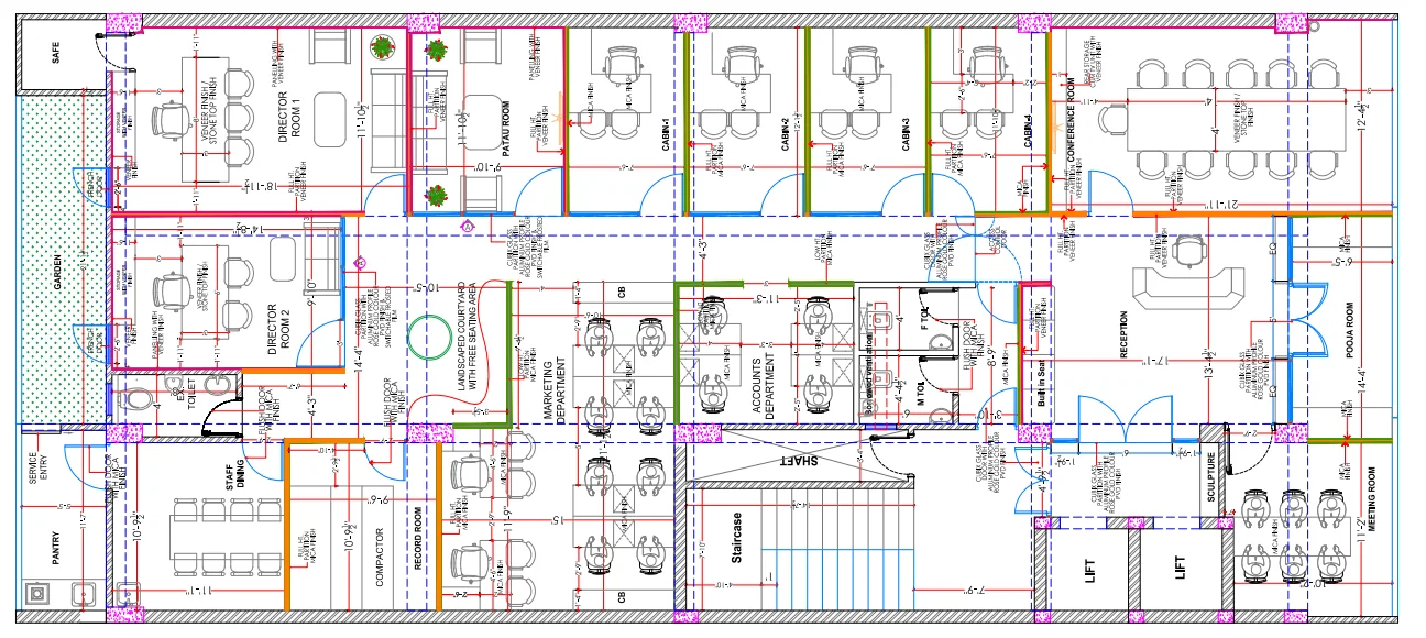 Colour-coded first floor office plan showing departments, cabins and a conference room