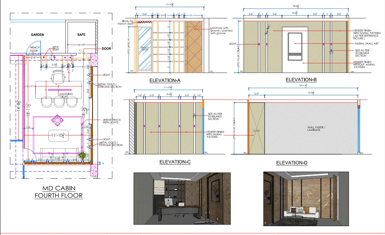 Managing director's cabin drawing sheet with plan, four elevations and two views