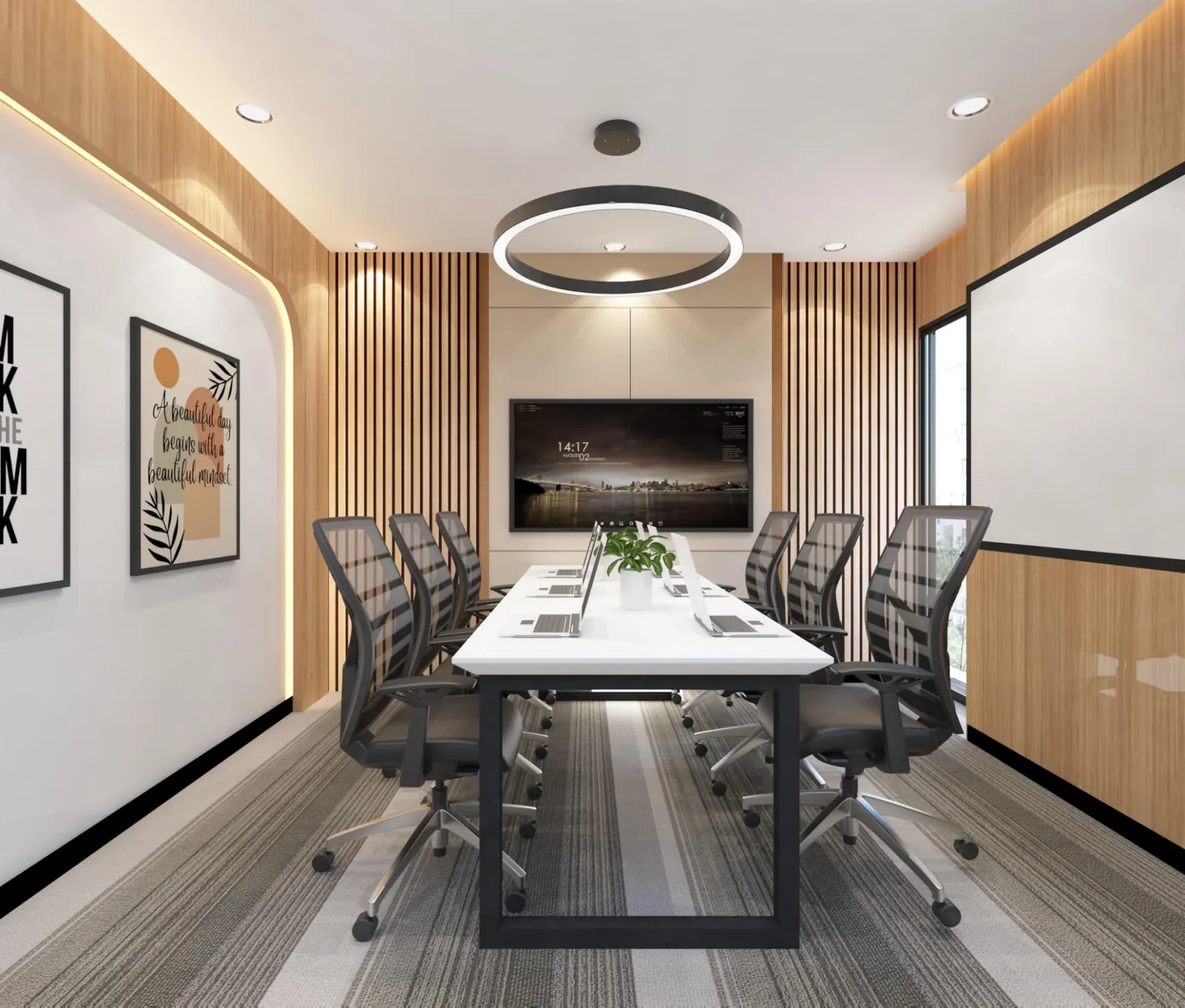 Eight-seat meeting room with a ring pendant light and fluted timber wall
