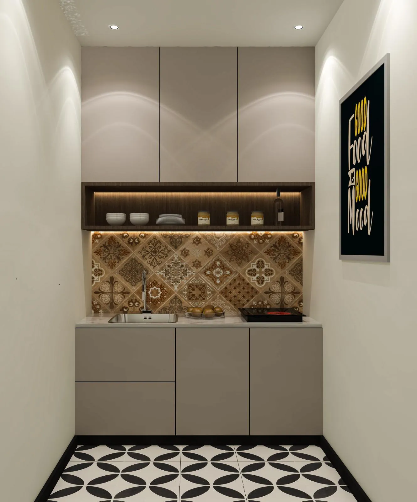 Office pantry with a patterned tile splashback and overhead storage