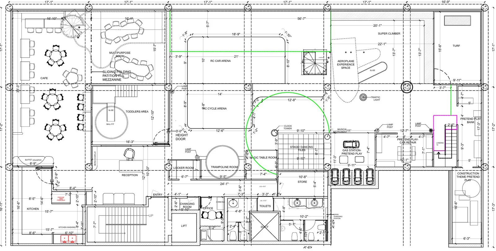 Base level plan of a children's play centre marking play zones, cafe, kitchen and toilets