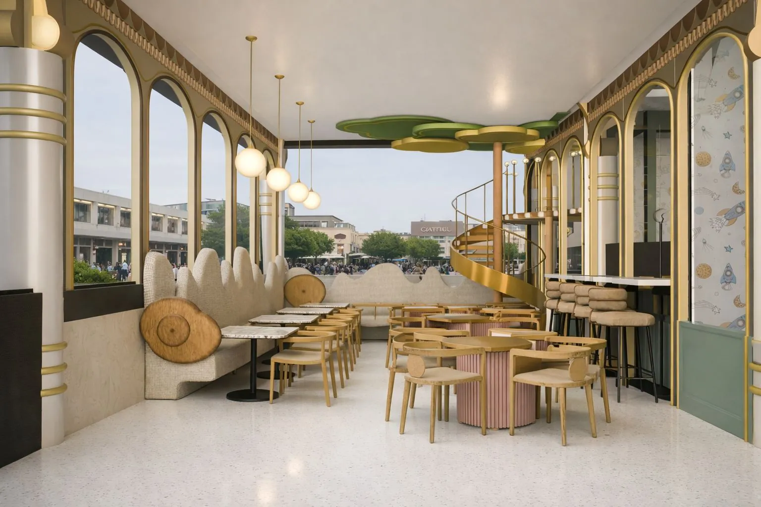 Cafe interior with a curved counter, cloud-shaped ceiling elements and banquette seating
