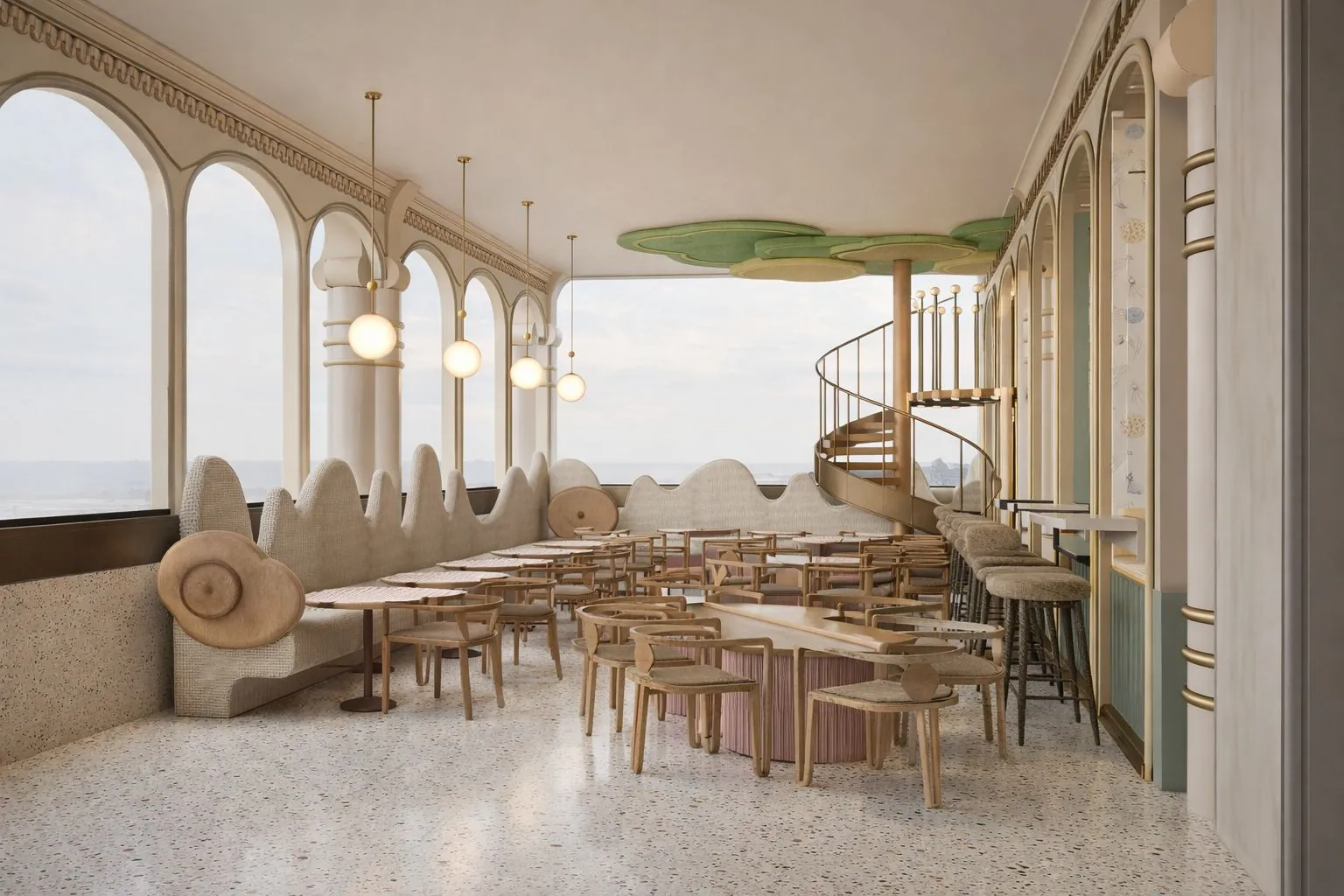 Family cafe with arched windows, terrazzo flooring, timber tables and a spiral stair