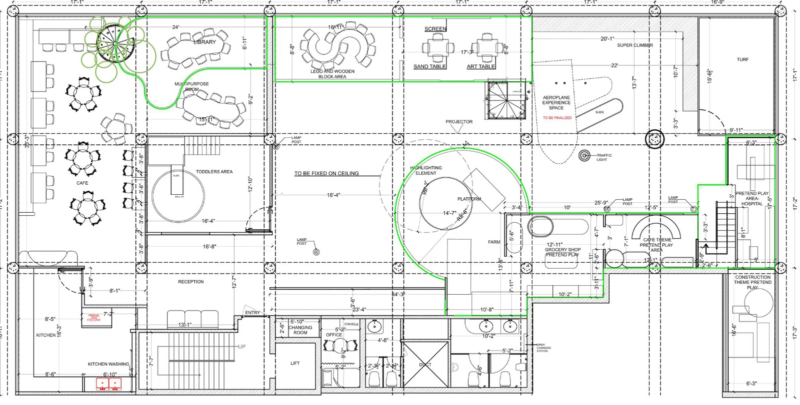 Mezzanine level plan showing library, art and sand tables, play farm and party space
