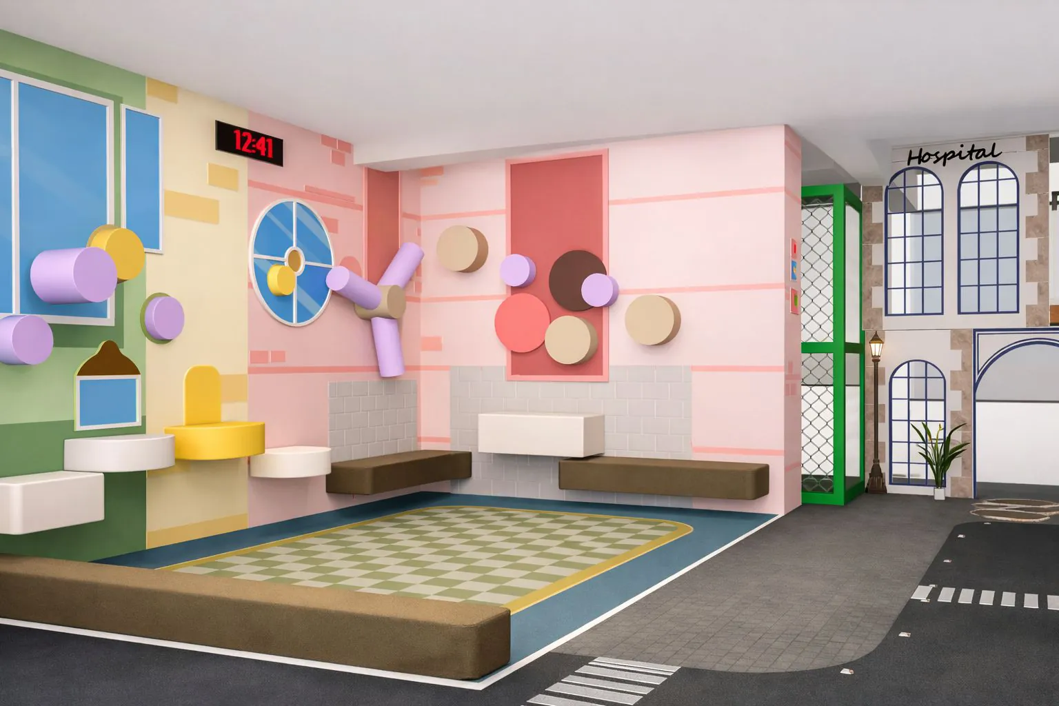 Soft play area with pastel wall panels and a bench seat for accompanying parents