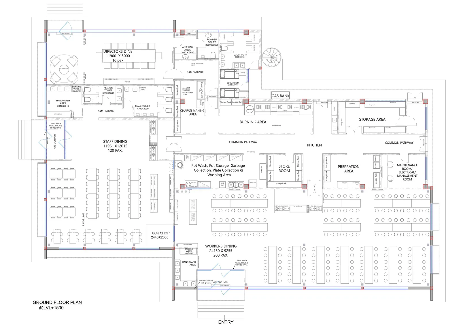 Annotated canteen floor plan marking dining halls, kitchen, wash areas and toilets