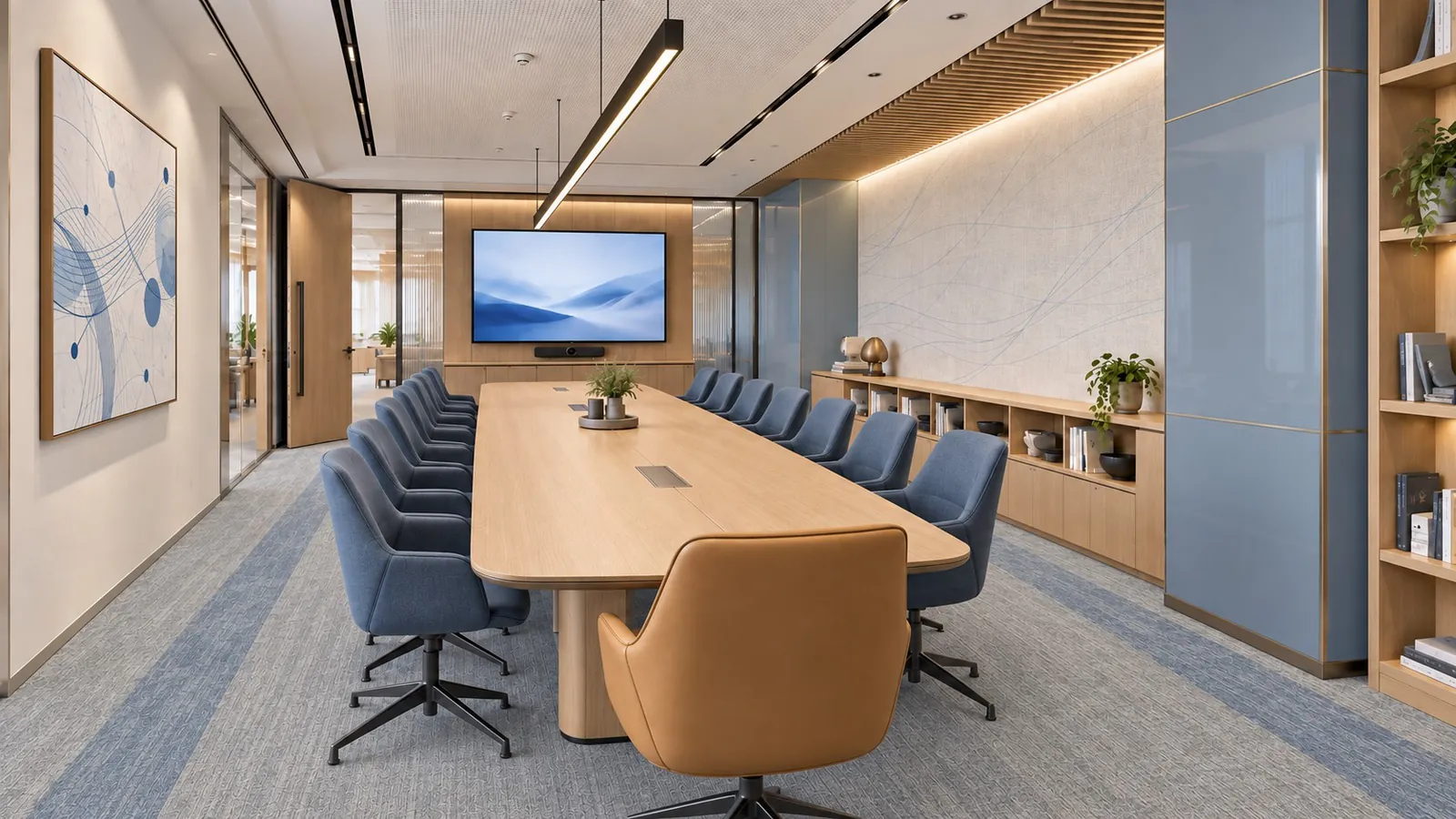 Sixteen-seat boardroom with a long table, wall-mounted screen and joinery storage