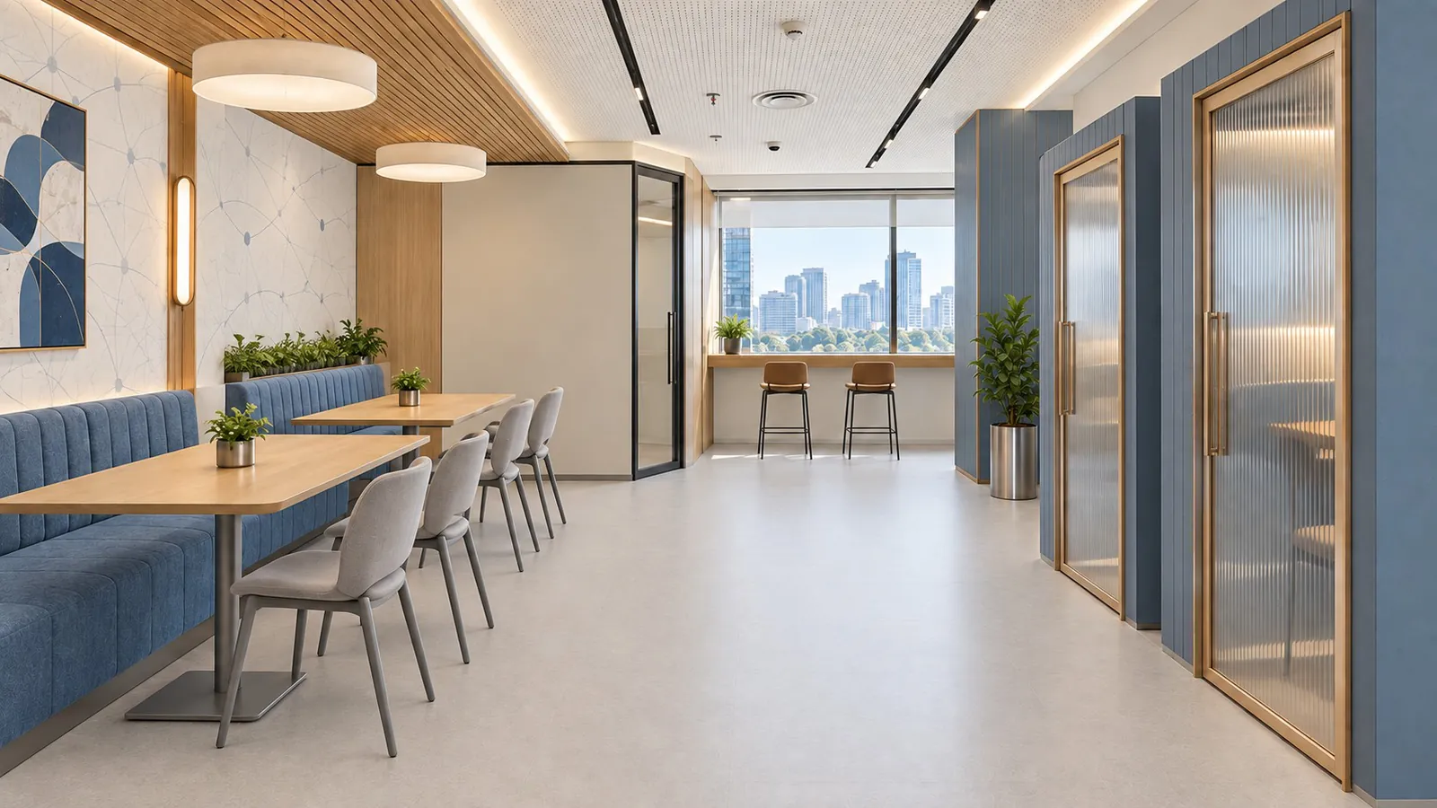 Office cafe with banquette seating beside a row of enclosed single-person call booths