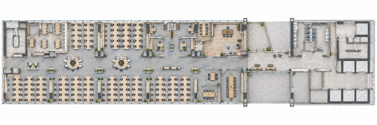 Rendered floor plan with a cafeteria in the top left corner and denser workstation banks