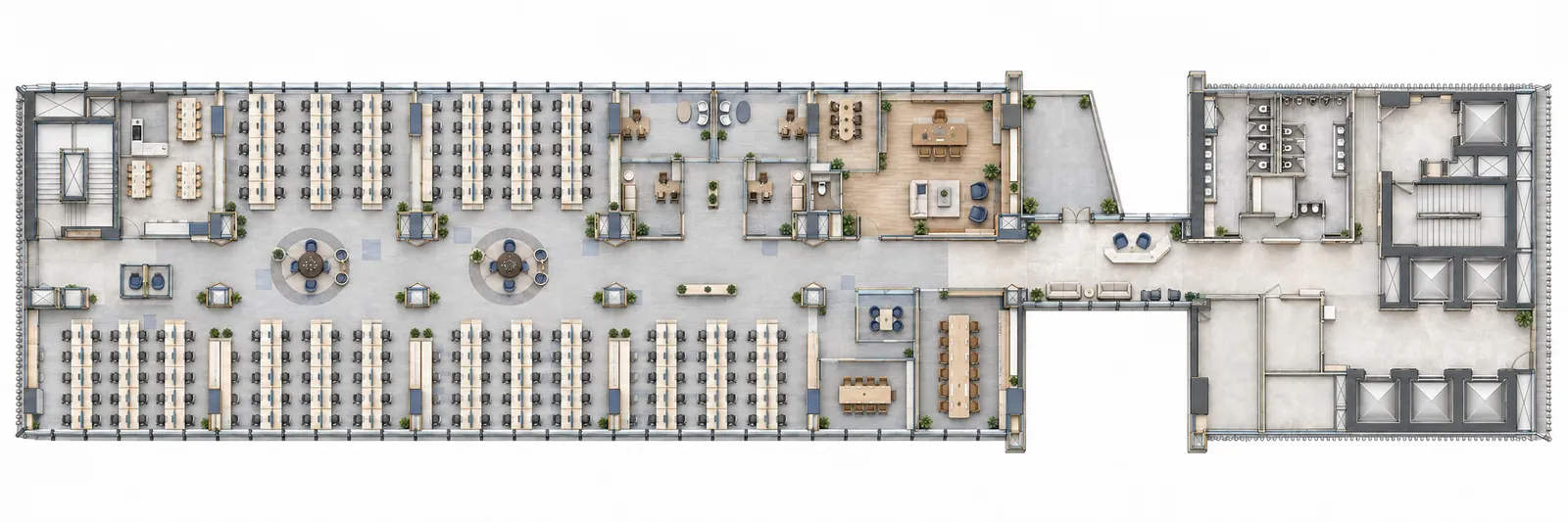 Rendered floor plan packed with workstation rows and a reduced cafeteria area