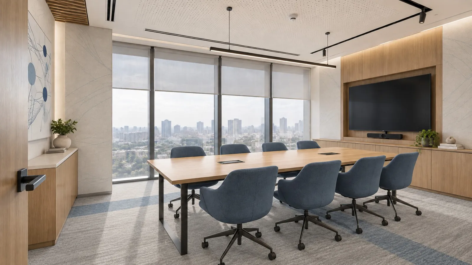 Eight-seat meeting room with a large screen and floor-to-ceiling glazing