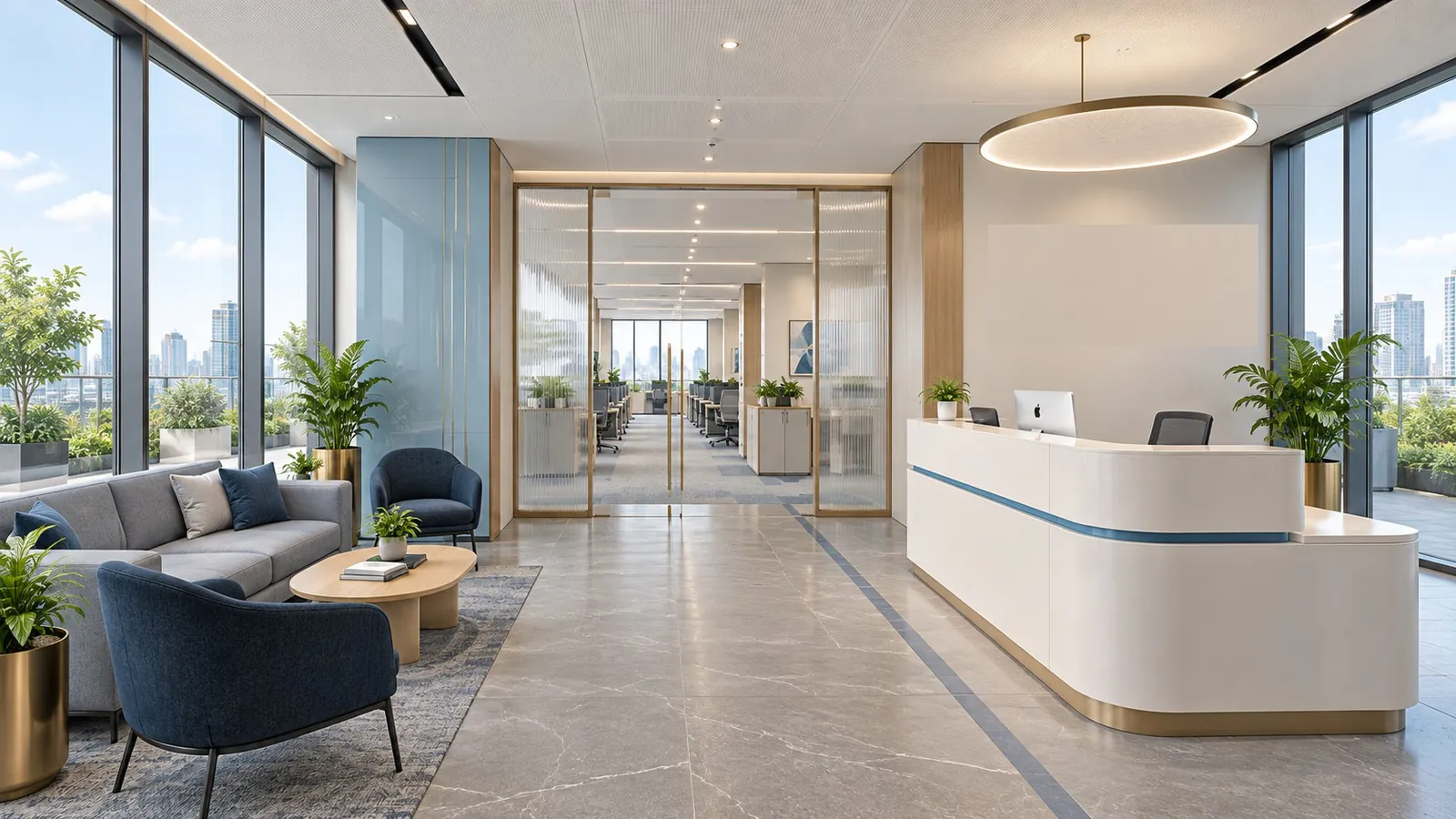 Reception counter in a corporate office with a plain feature wall and lounge seating