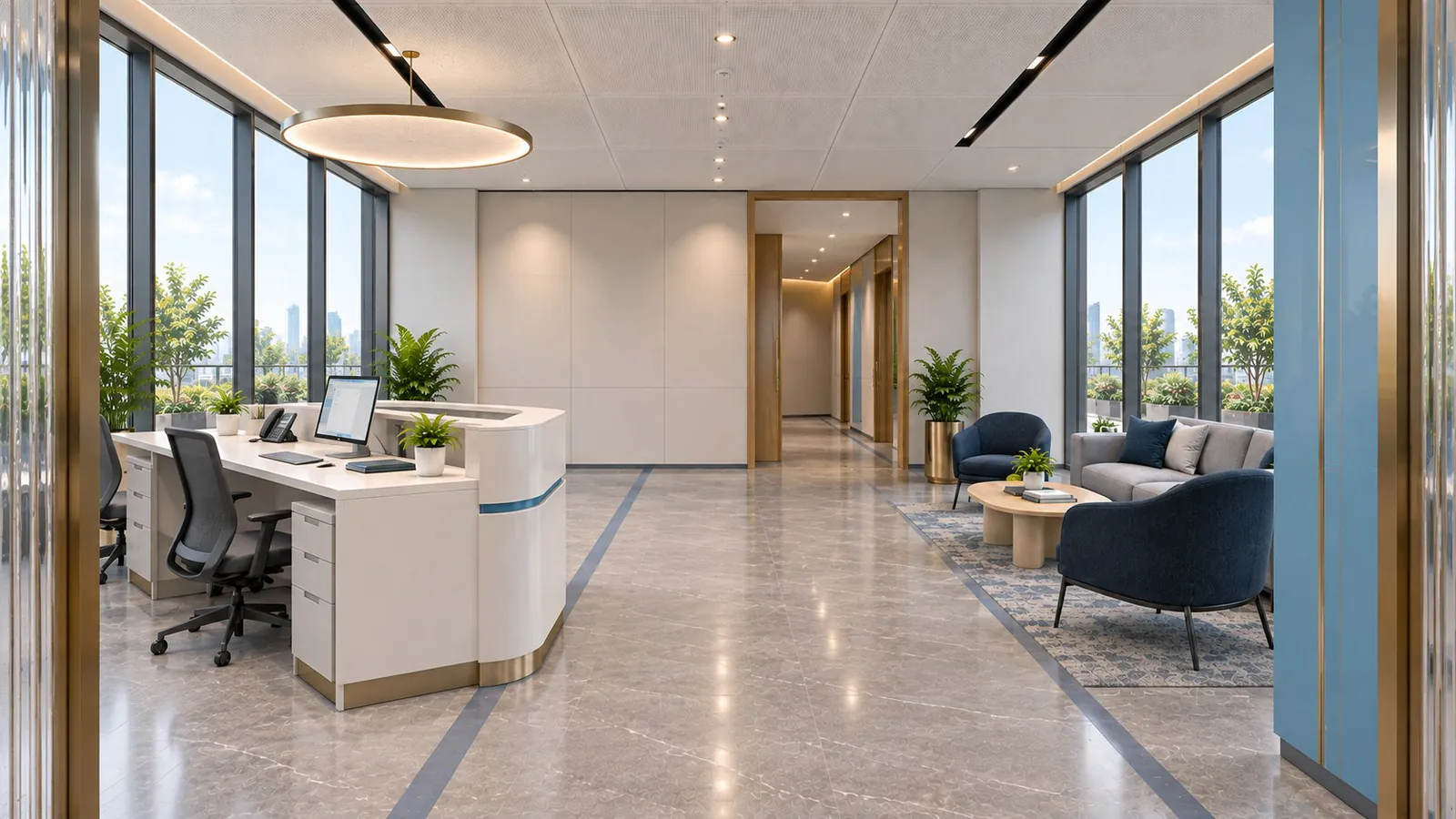 Office reception desk and visitor lounge with stone flooring and full-height glazing