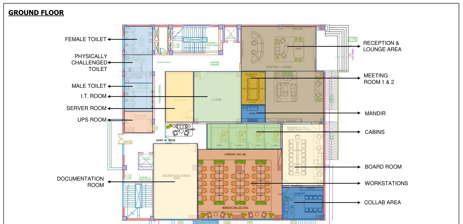 Annotated ground floor office plan marking reception, board room, cabins and server rooms