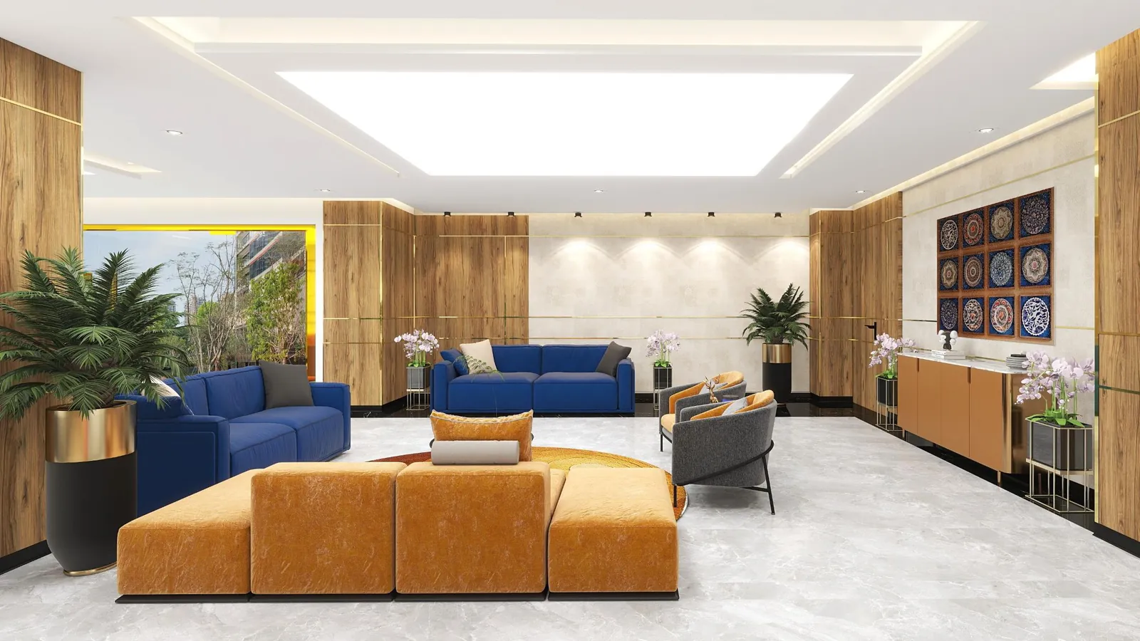 Office visitor lounge with blue and tan sofas, timber panelling and a stone floor