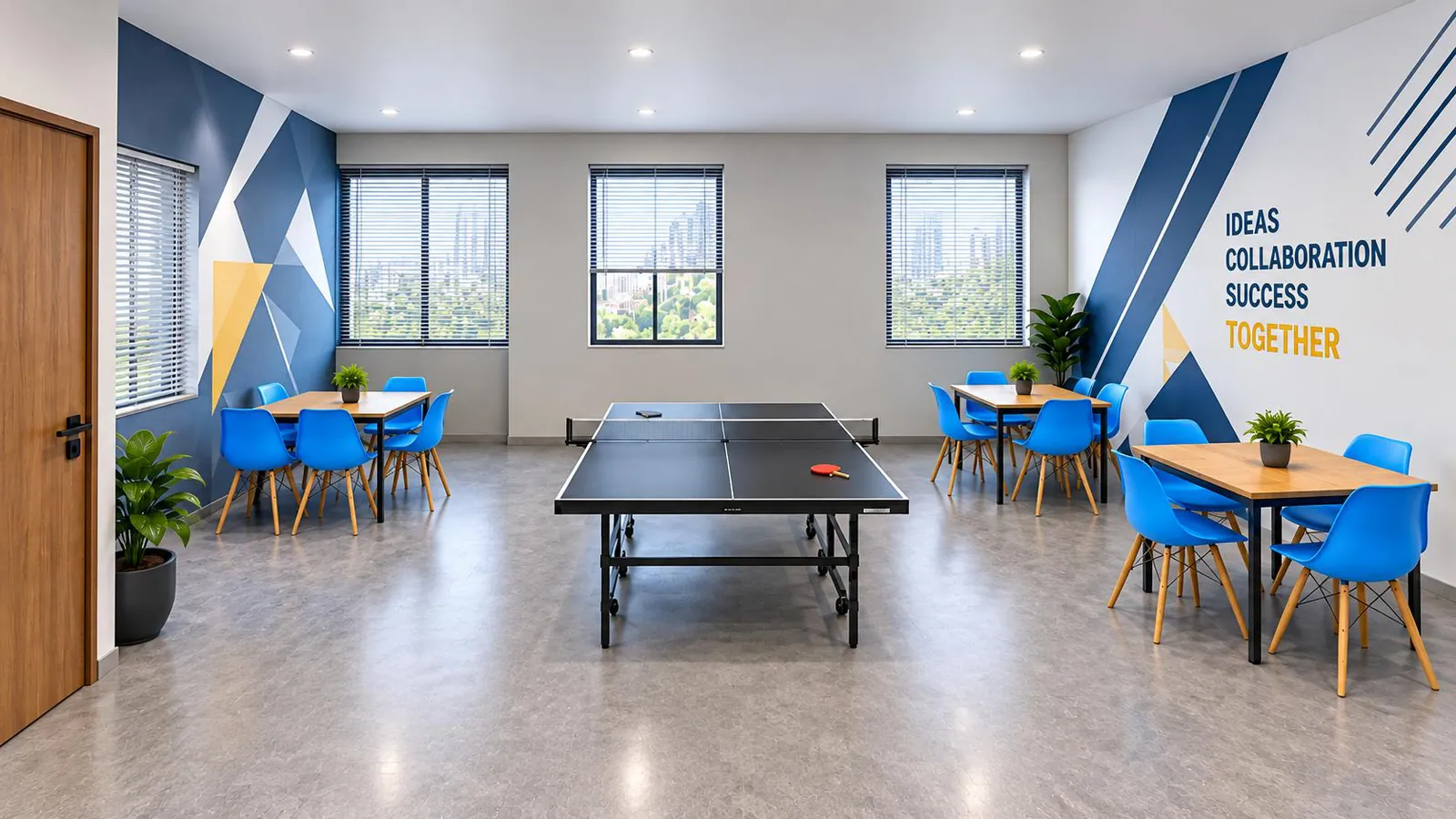 Breakout area with a table tennis table, cafe seating and a graphic feature wall