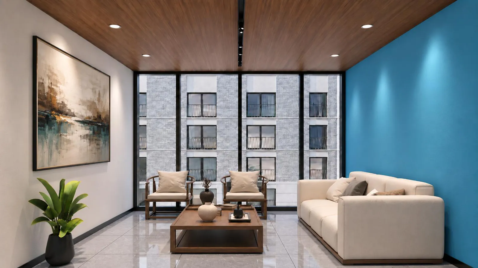 Visitor waiting lounge with armchairs, a sofa and a timber slat ceiling