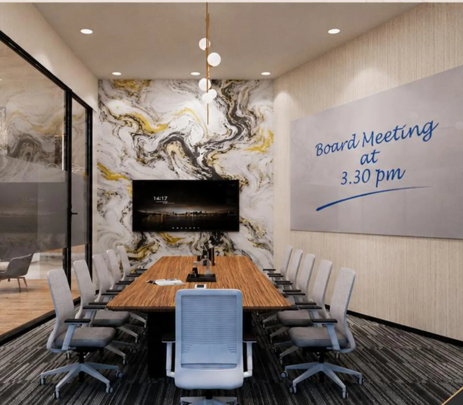 Twelve-seat conference room with a marble-pattern feature wall and writable wall
