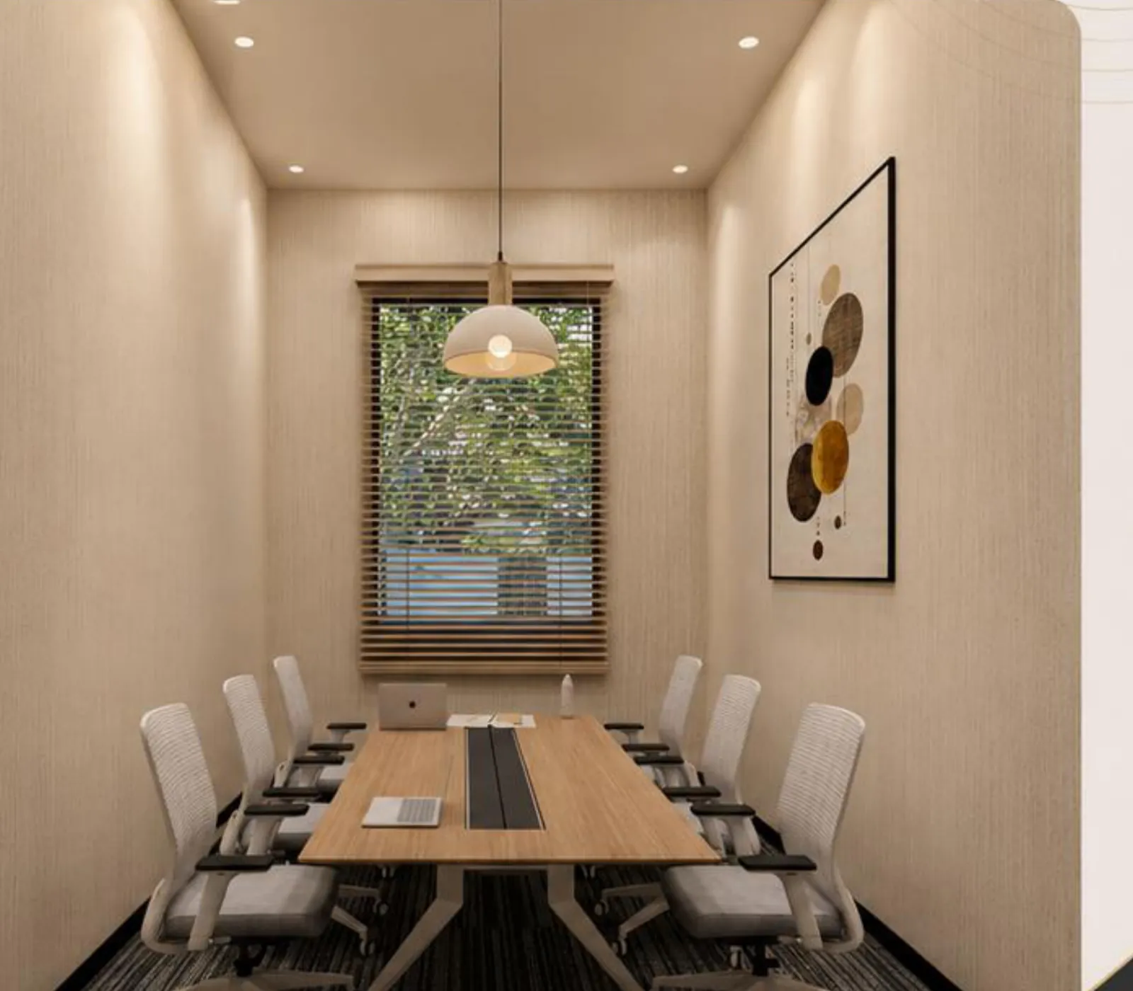 Six-seat meeting room with a pendant light over the table and a window to one side