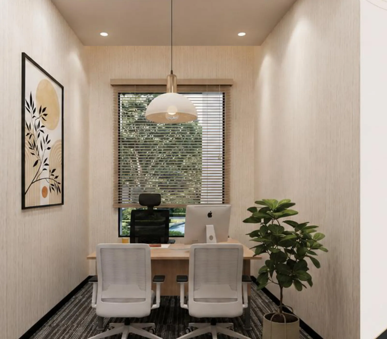 Sales head's cabin with a desk, two visitor chairs and a pendant light over the desk