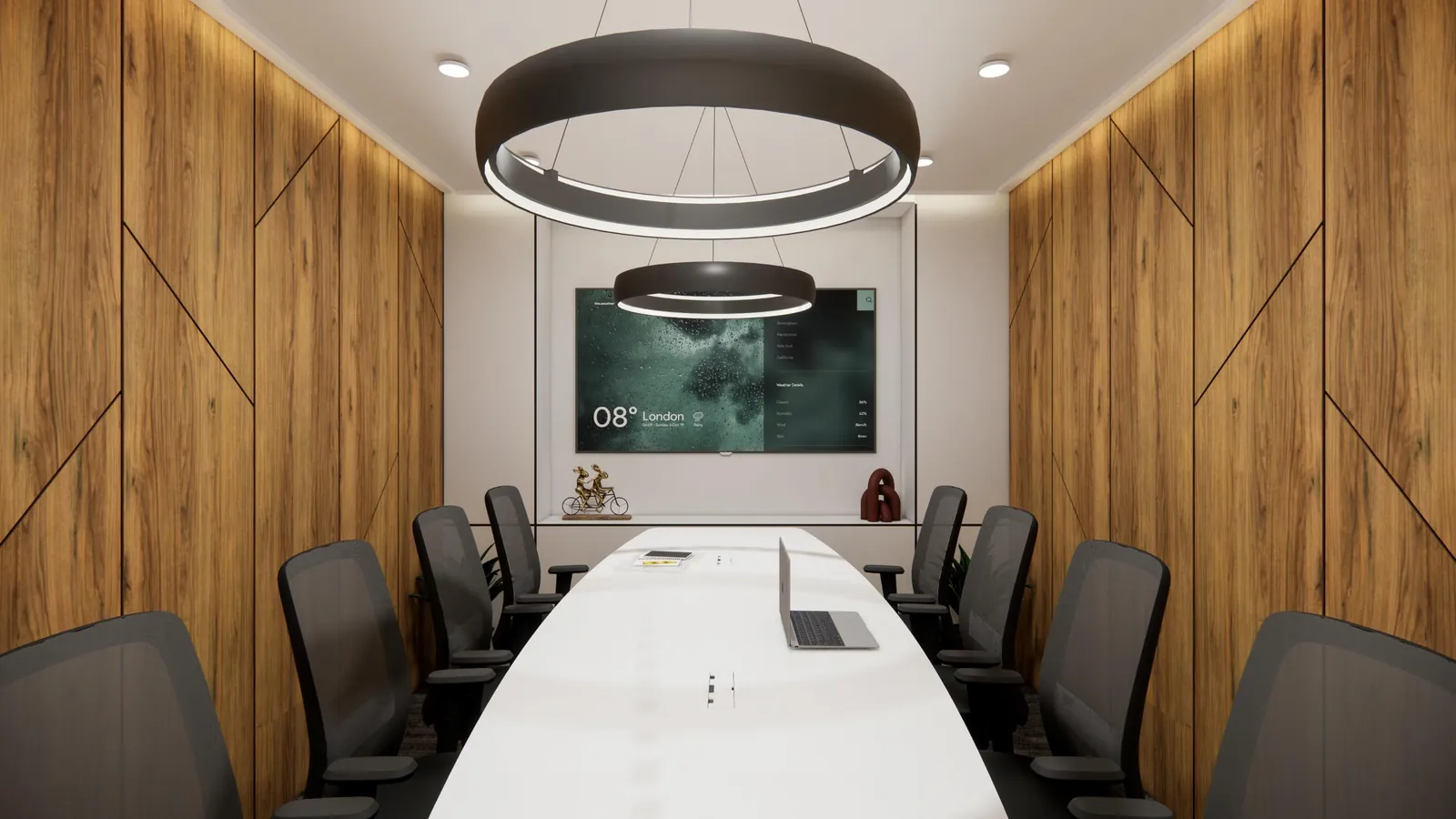 Board room with a white boat-shaped table, ring pendants and full-height timber panelling
