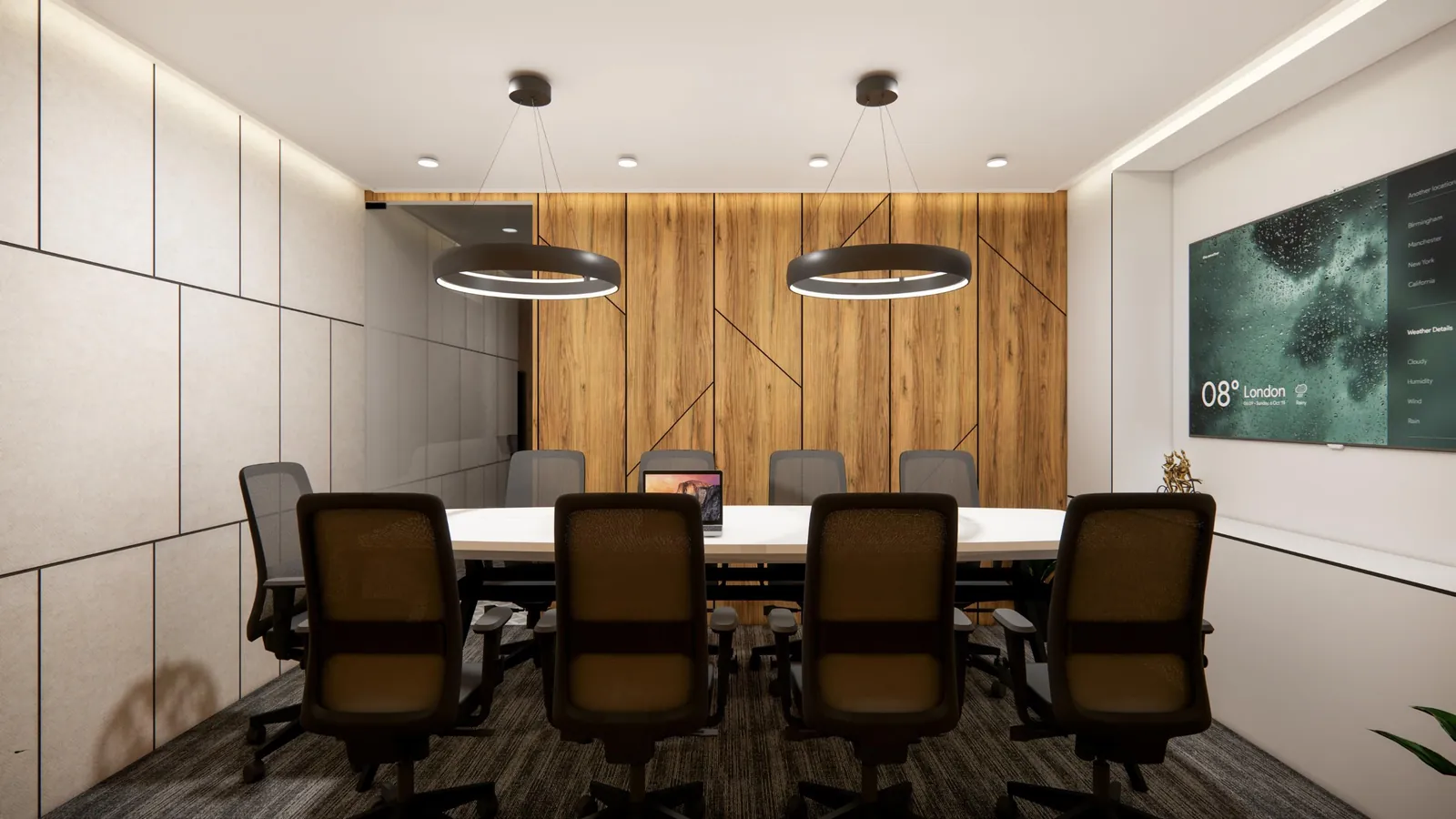 Board room with a full-height upholstered panel wall opposite timber storage
