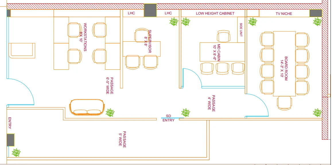Dimensioned small office layout plan with workstations, supervisor, MD cabin and board room