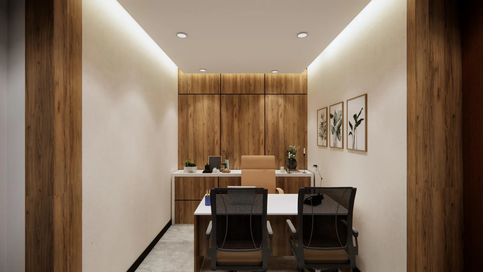 Managing director's cabin with a desk, two visitor chairs and full-height timber storage
