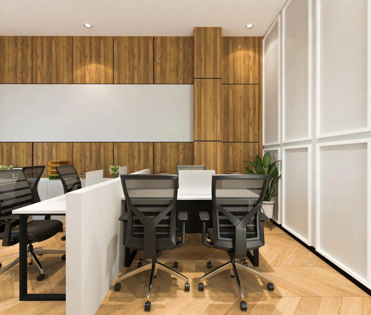 Supervisor's desk facing the workstation bay with storage panelling behind