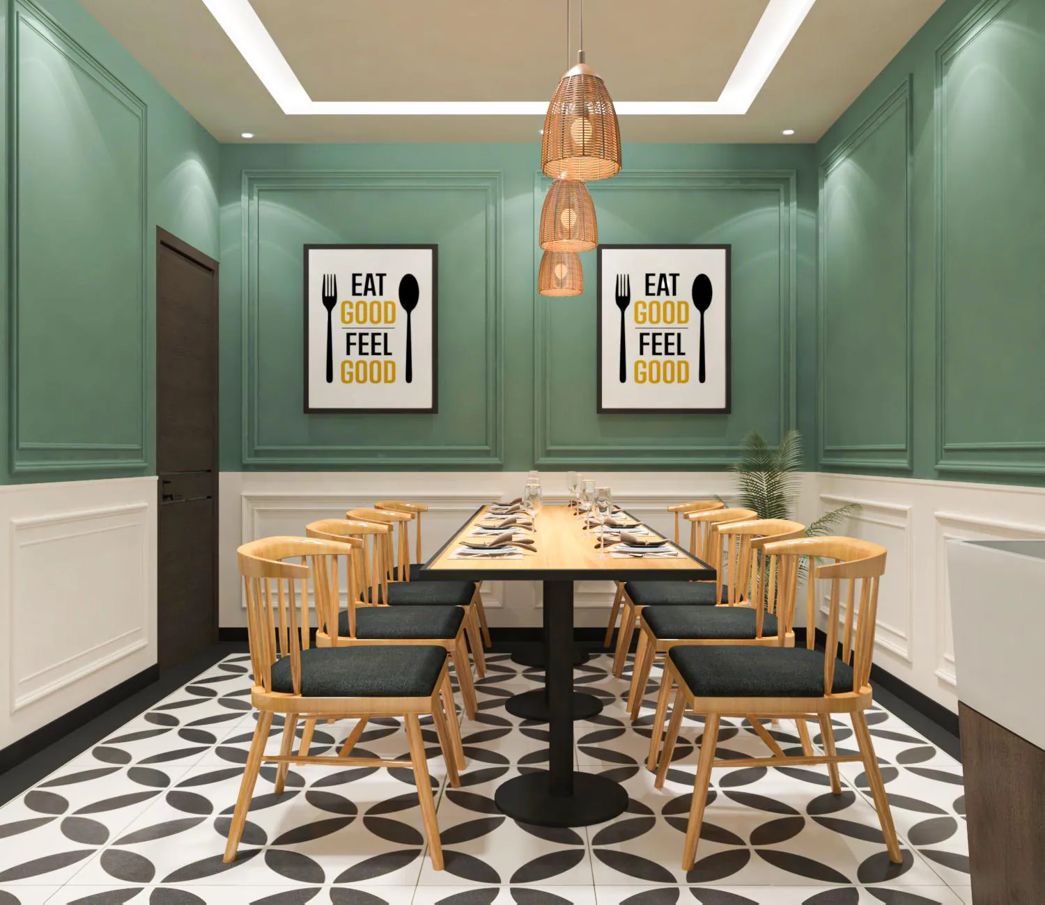 Office cafeteria with green panelled walls, a long timber table and patterned floor tiles