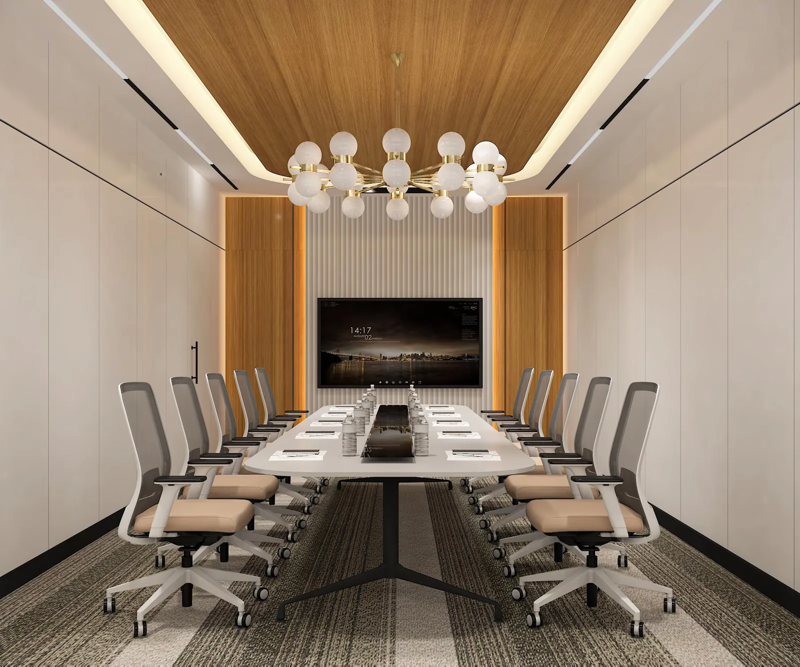 Long conference room with a twenty-seat table under a timber ceiling and a globe chandelier