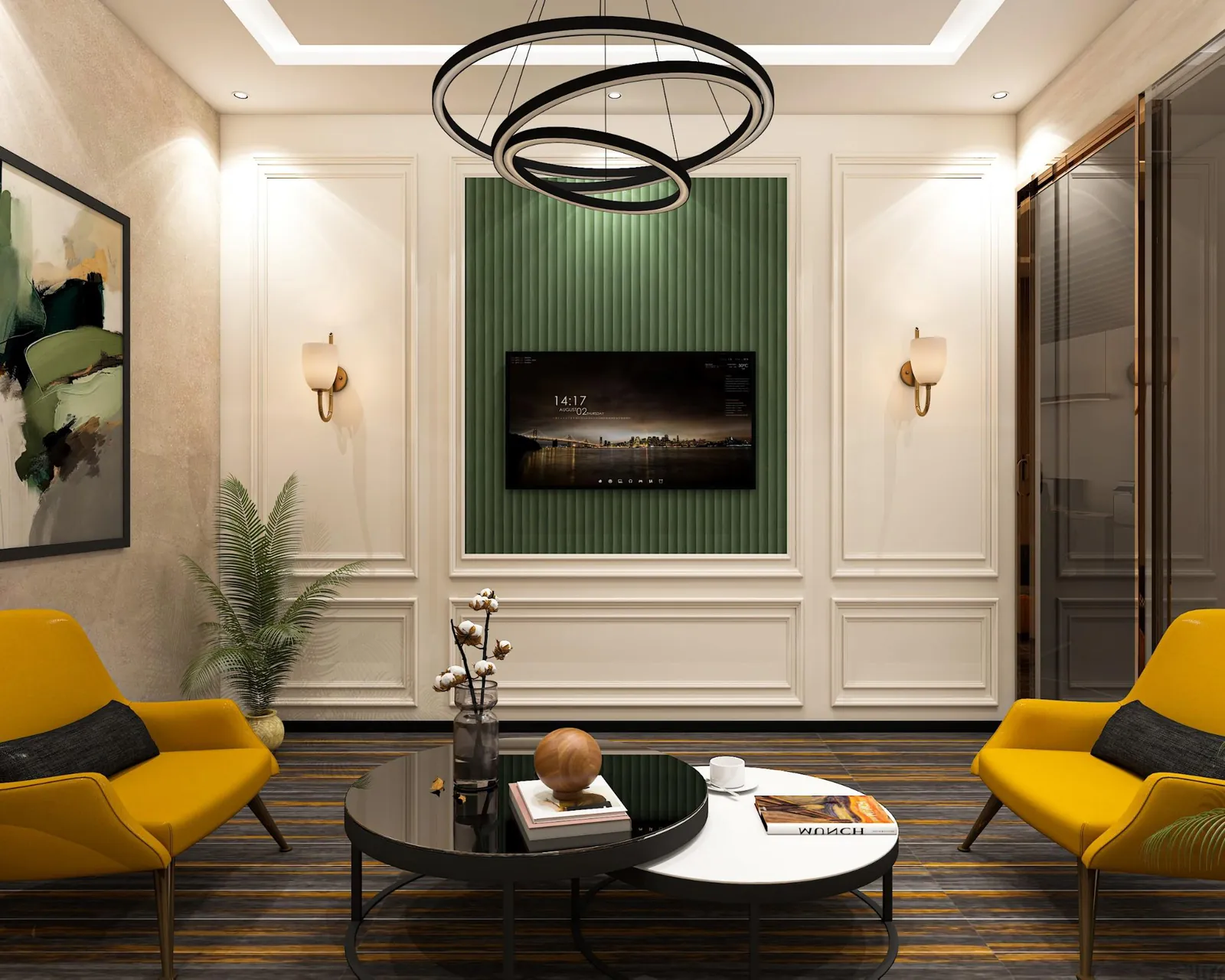 Executive lounge with panelled walls, a fluted green screen, armchairs and a low table