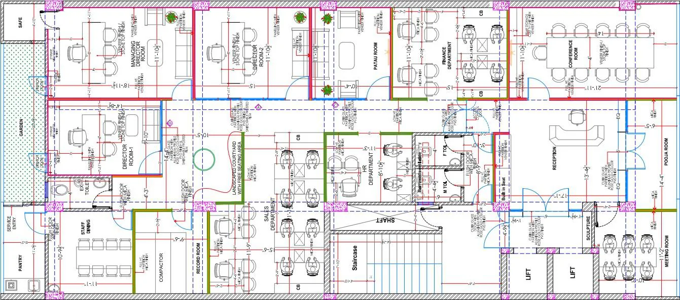Colour-coded fourth floor office plan showing finance and HR departments and a pooja room