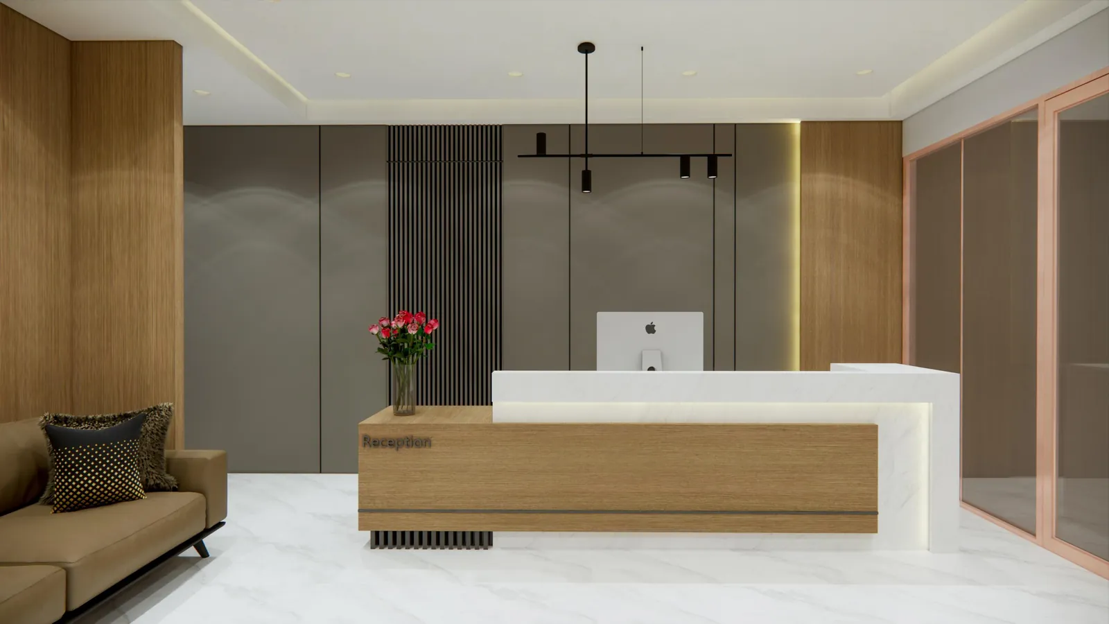 Office reception counter in timber and stone with a fluted dark panel behind