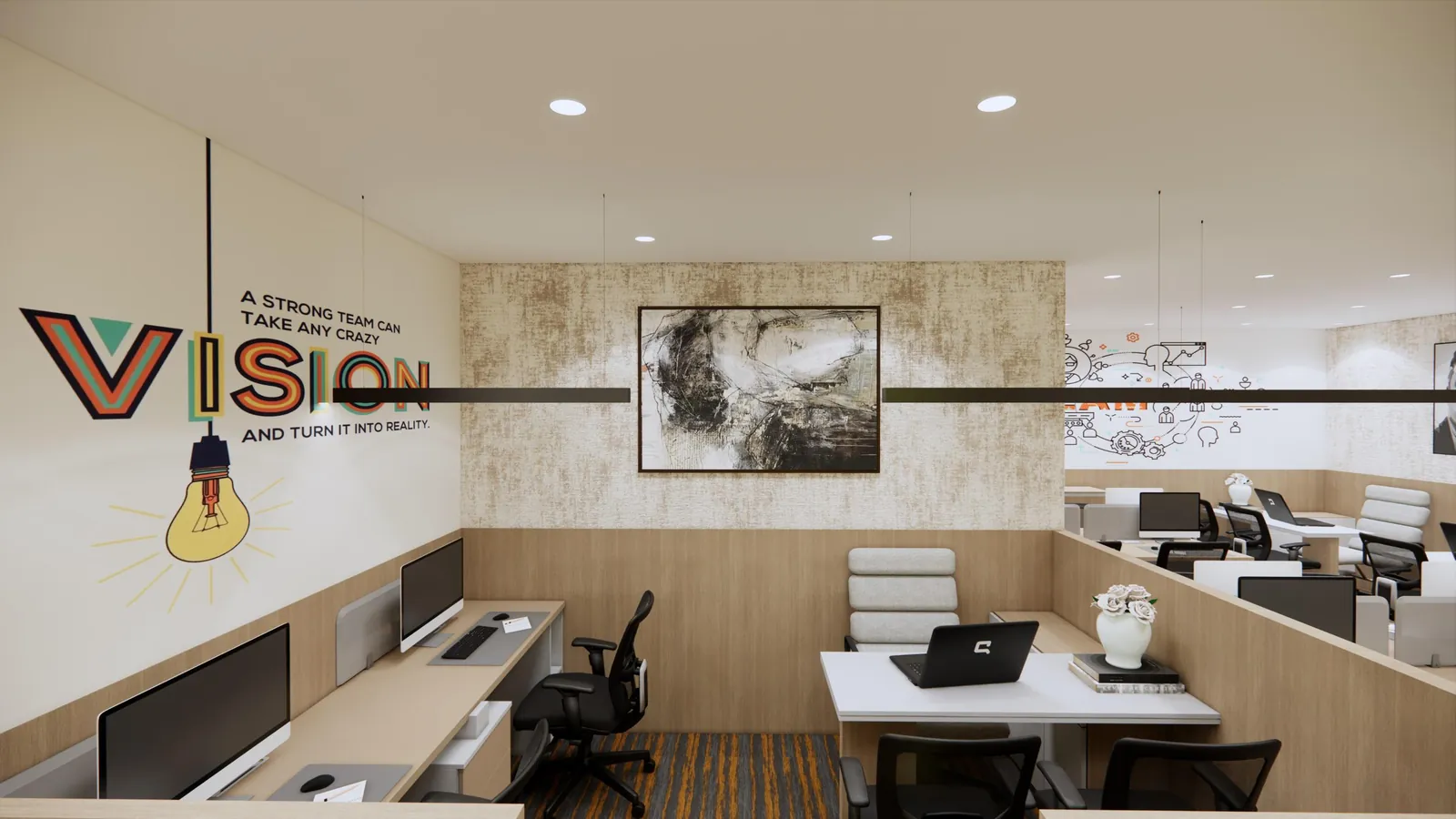 Workstation bay with a large graphic wall and a textured plaster finish behind