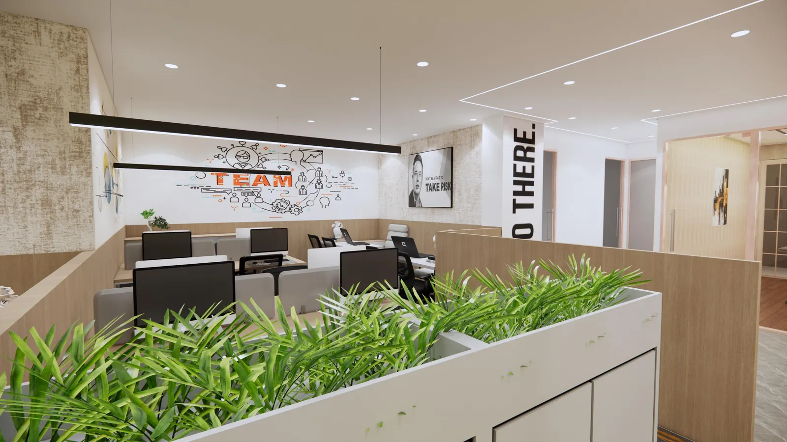Open-plan workstations screened by planter-topped storage under a linear light