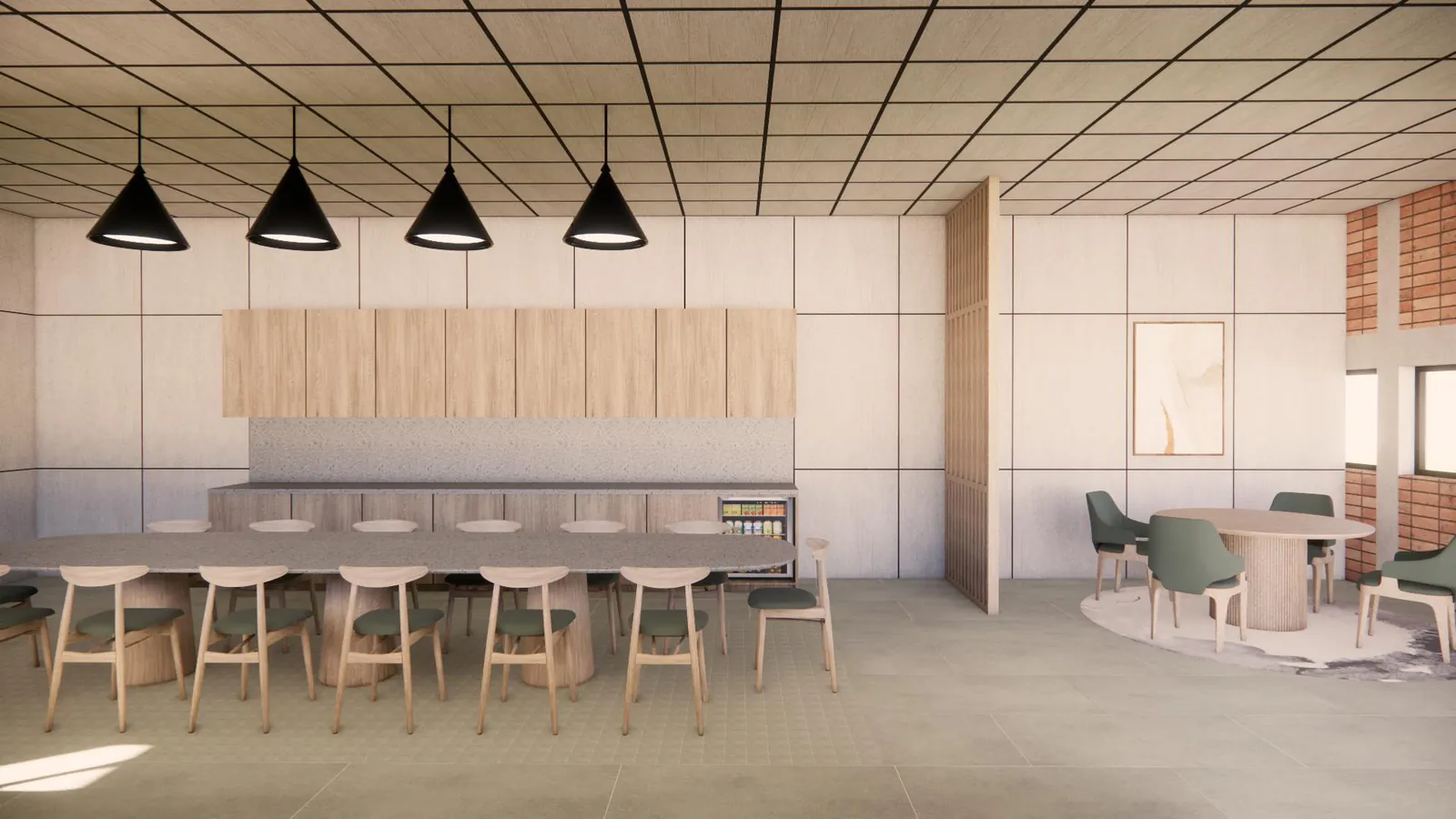 Cafe counter with high stools, pendant lights and a round table beyond