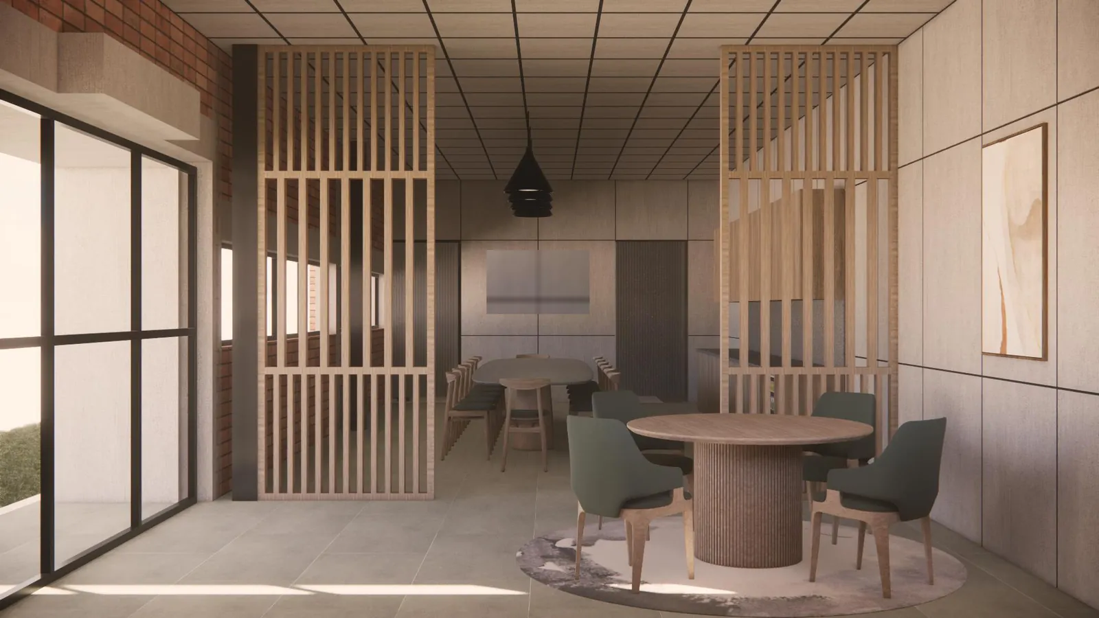 Directors' dining room with a round table, slatted timber screens and panelled walls