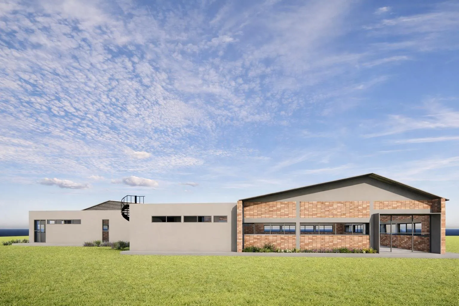 Side elevation of a canteen building with a brick wing and a rendered service block