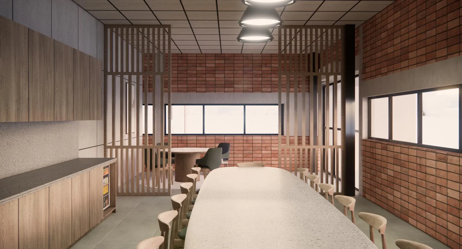 Serving counter in timber and stone with a slatted screen dividing the seating beyond