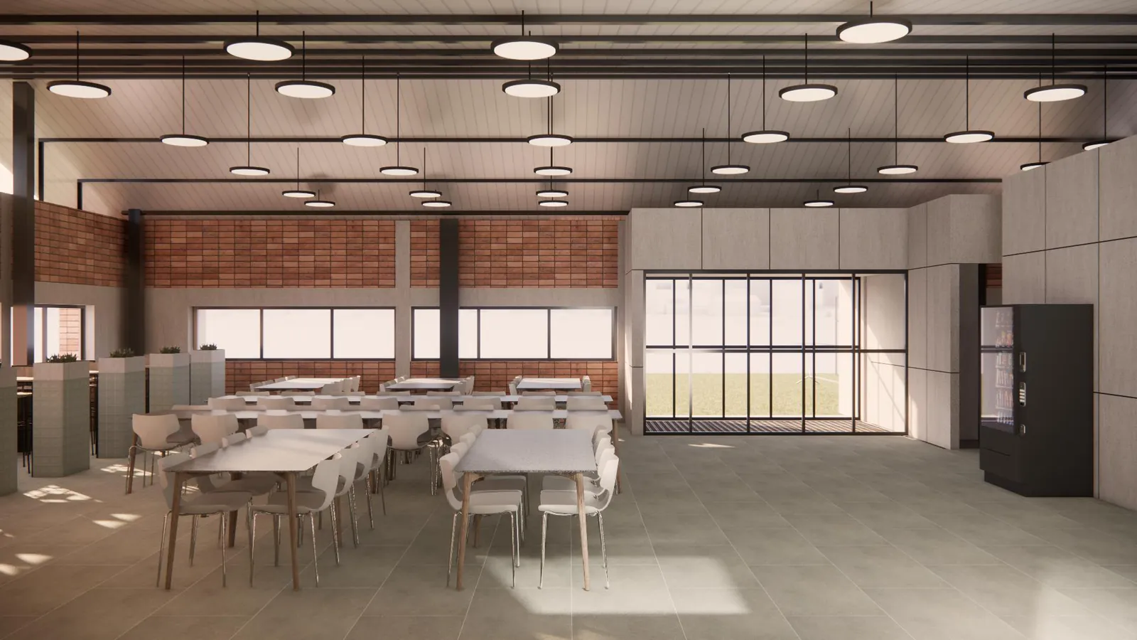 Dining hall with clerestory glazing above a brick dado and a drinks chiller